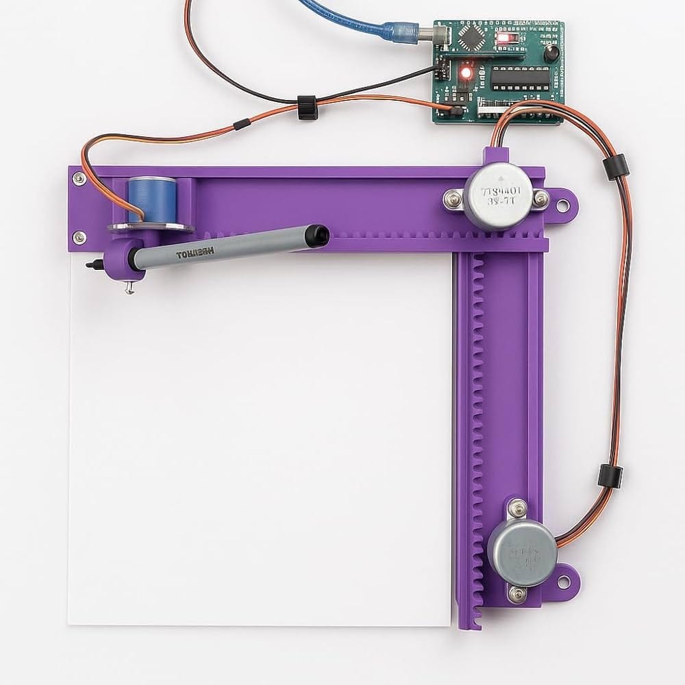 Purple 3D-printed robotic plotter with stepper motors and a green control board
